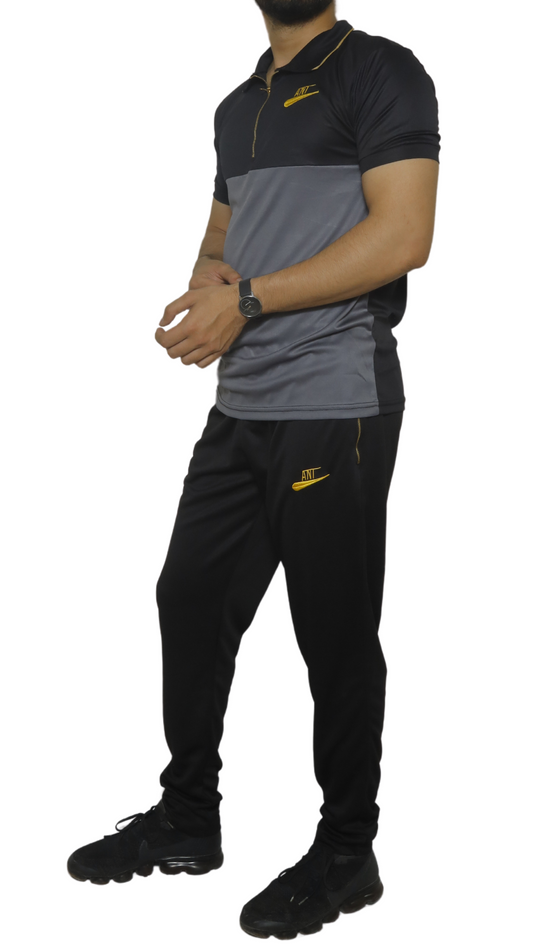 Grey and Black Shirt with Golden Zip and Black Trouser- Drifit Tracksuit